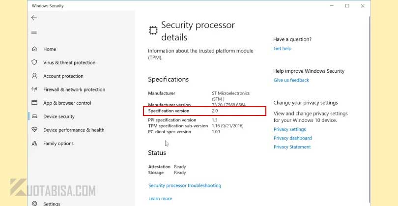 Hasil TPM 2.0 Windows Security